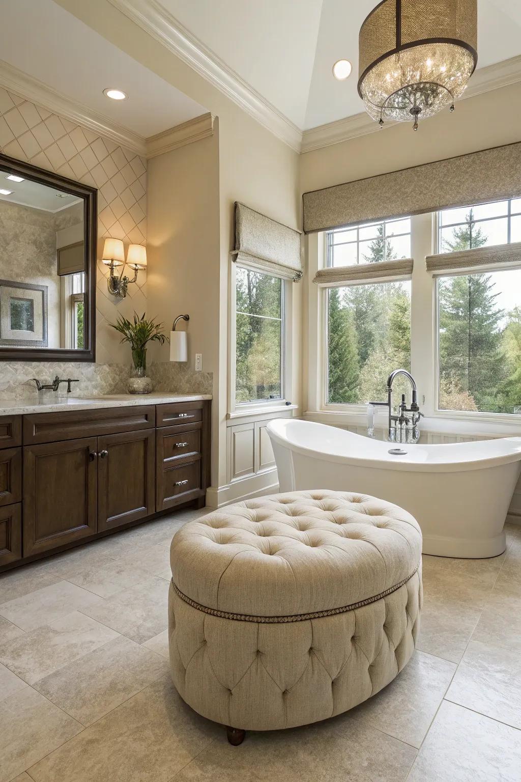 An exquisite ottoman enhancing washroom opulence