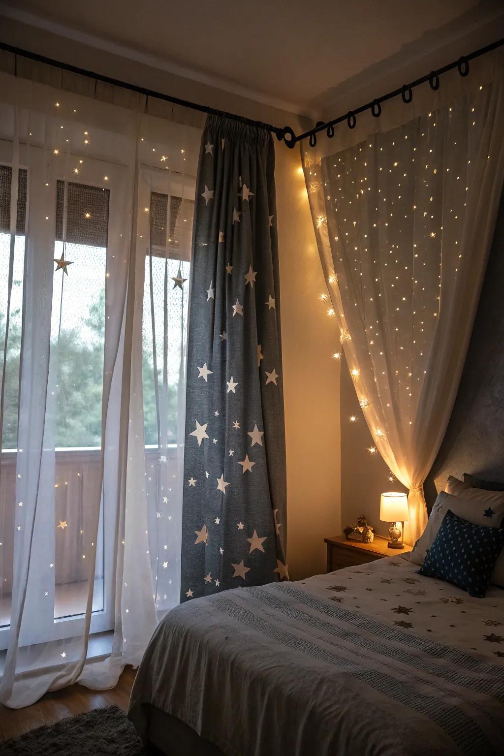 Starry nocturnal draperies impart a dreamy, celestial vibe to any chamber.