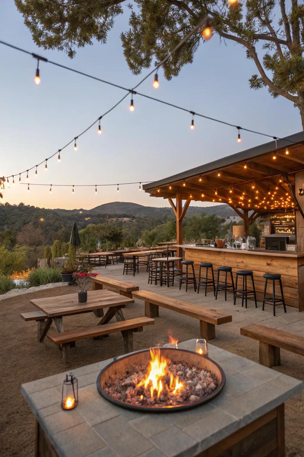 A fire pit injects warmth and allure to the bar sector.