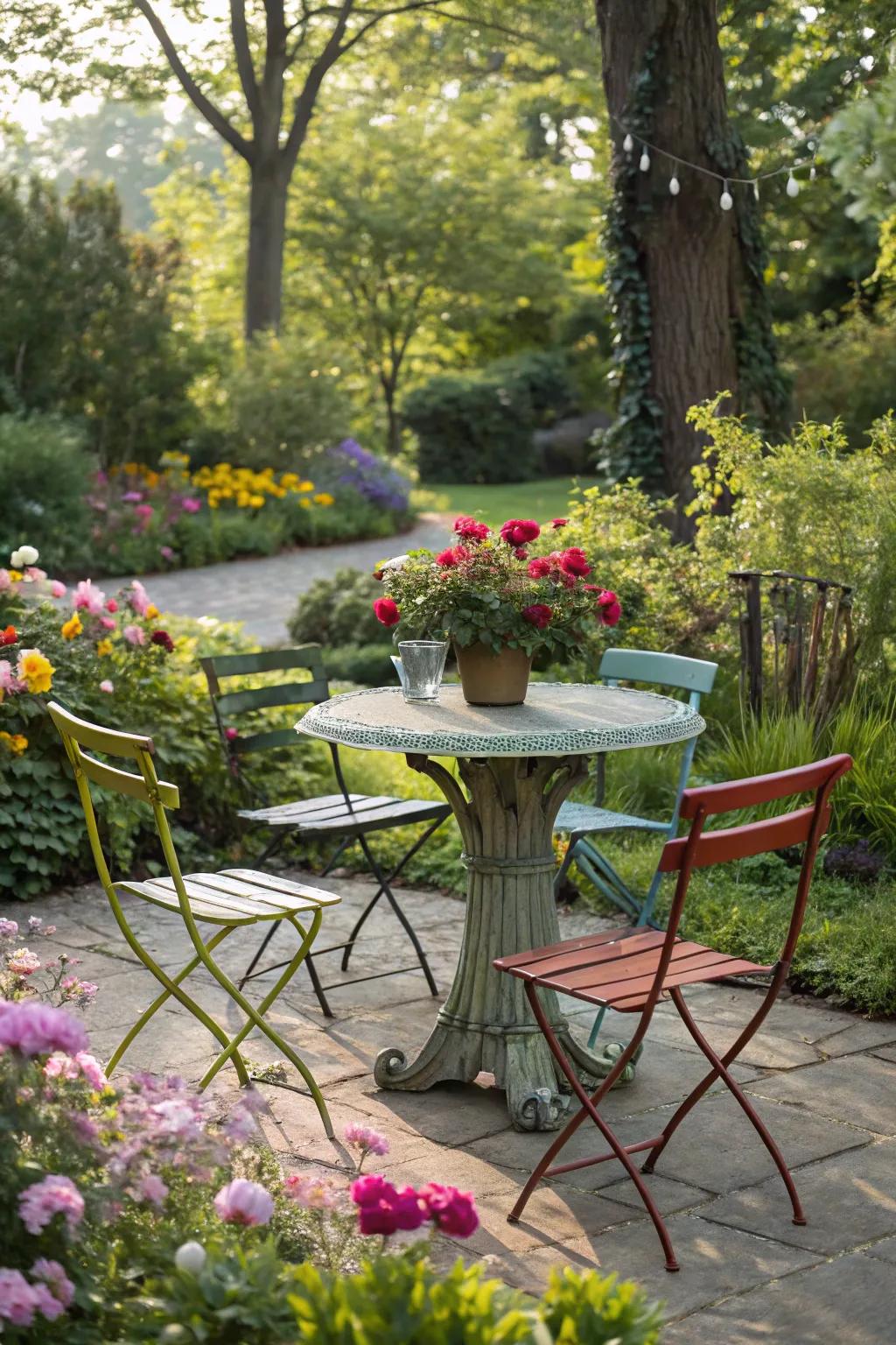 Incorporate individuality with a diverse mix of unmatched seating.