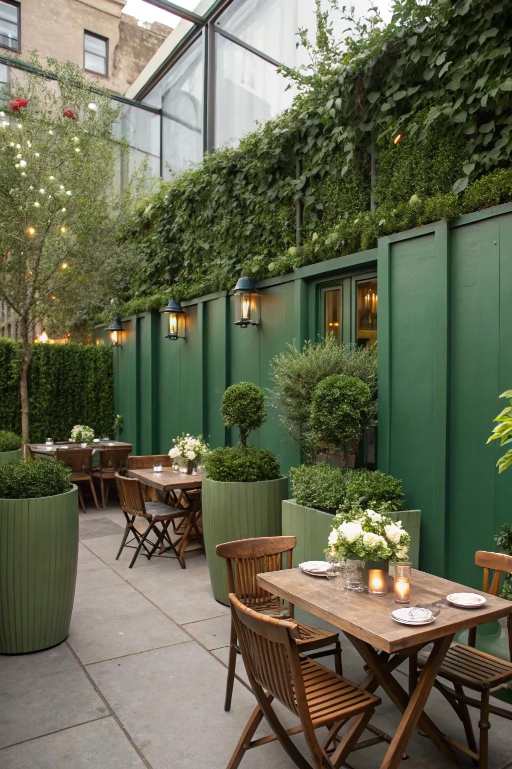 A secluded outdoor dining spot enhanced by lush green walls.