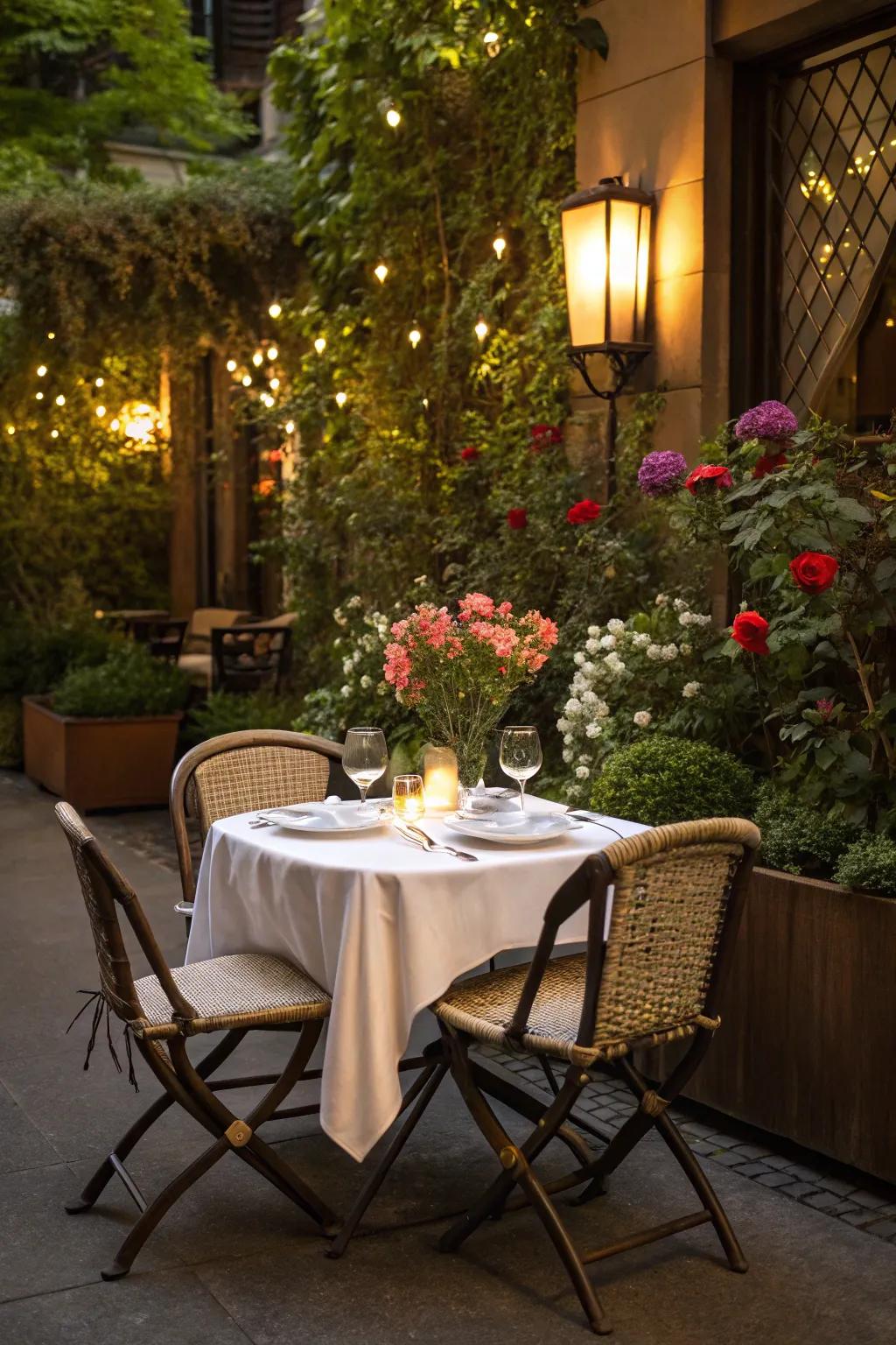 Bistro arrangements establish charming locations for dining alfresco.