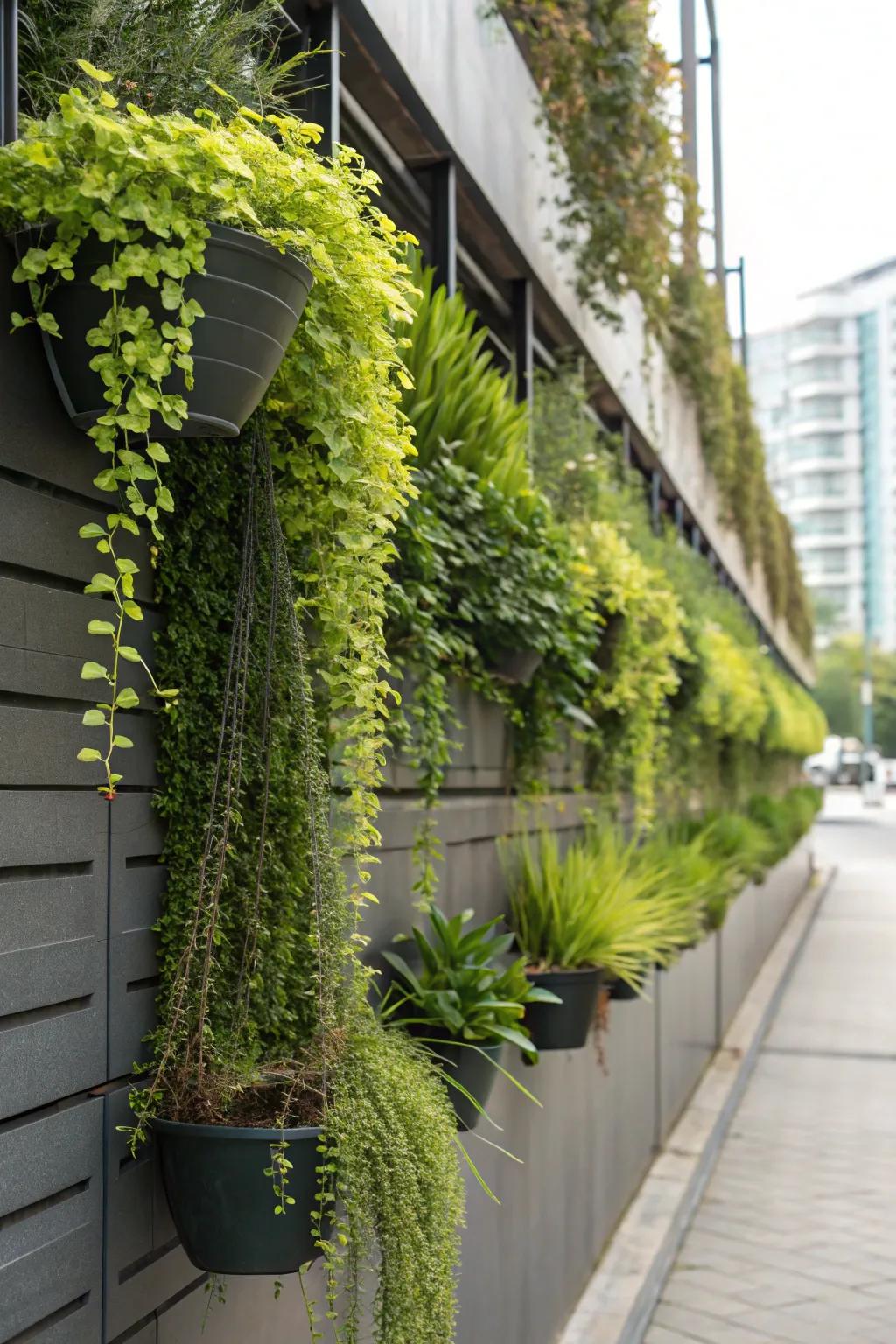 A wall converted into an elevated garden using lush vines.