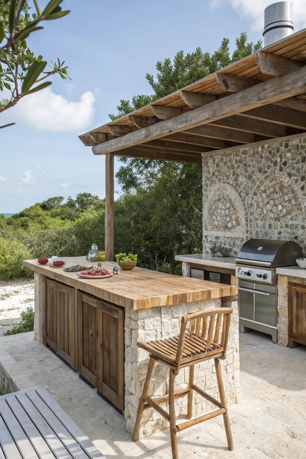 Seashell mosaic backsplashes evoke a charming coastal vibe in outdoor kitchens.