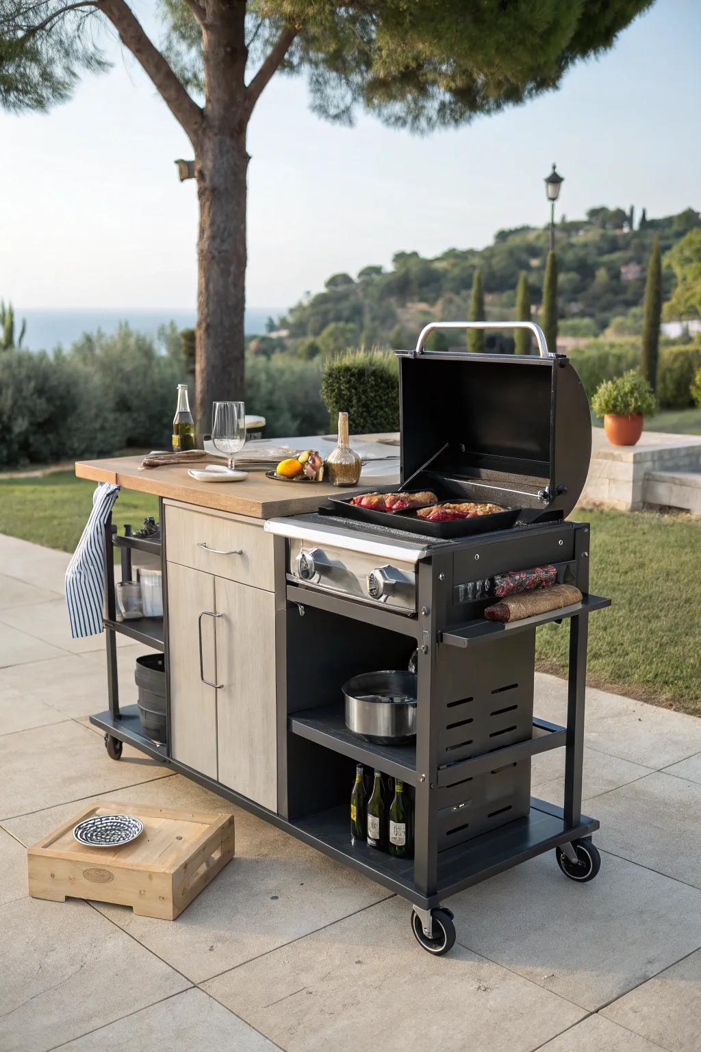 A versatile outdoor cooking island cart, ready to move as needed.