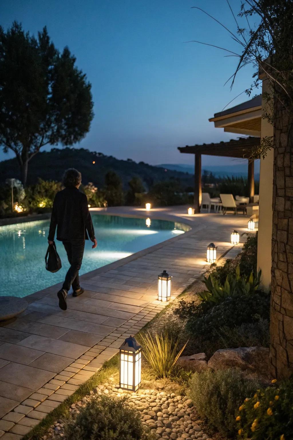 Motion sensor lights provide security and illuminate paths as needed.