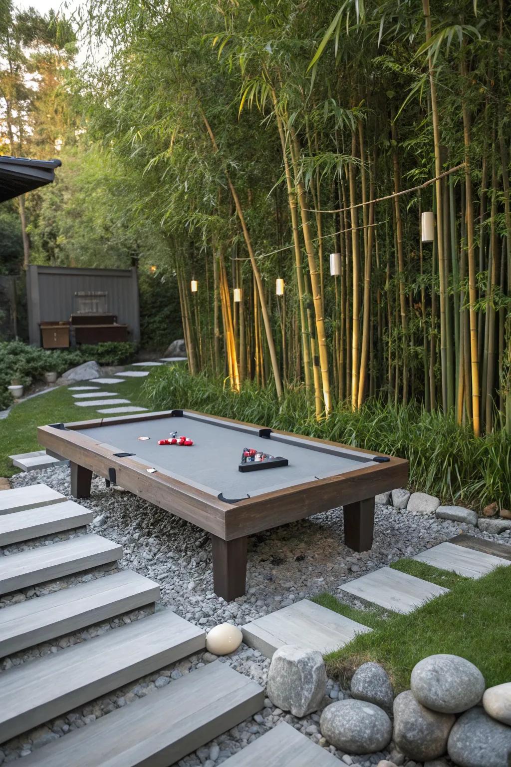 A pool table placed in a peaceful Zen garden.