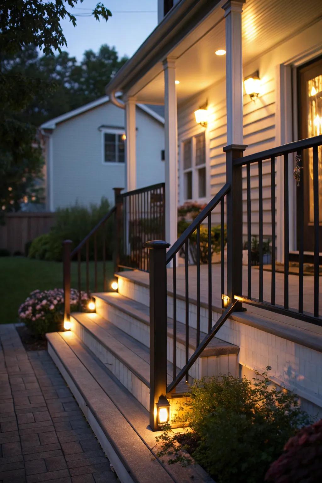 Rail lights contribute a subtle radiance to your porch.
