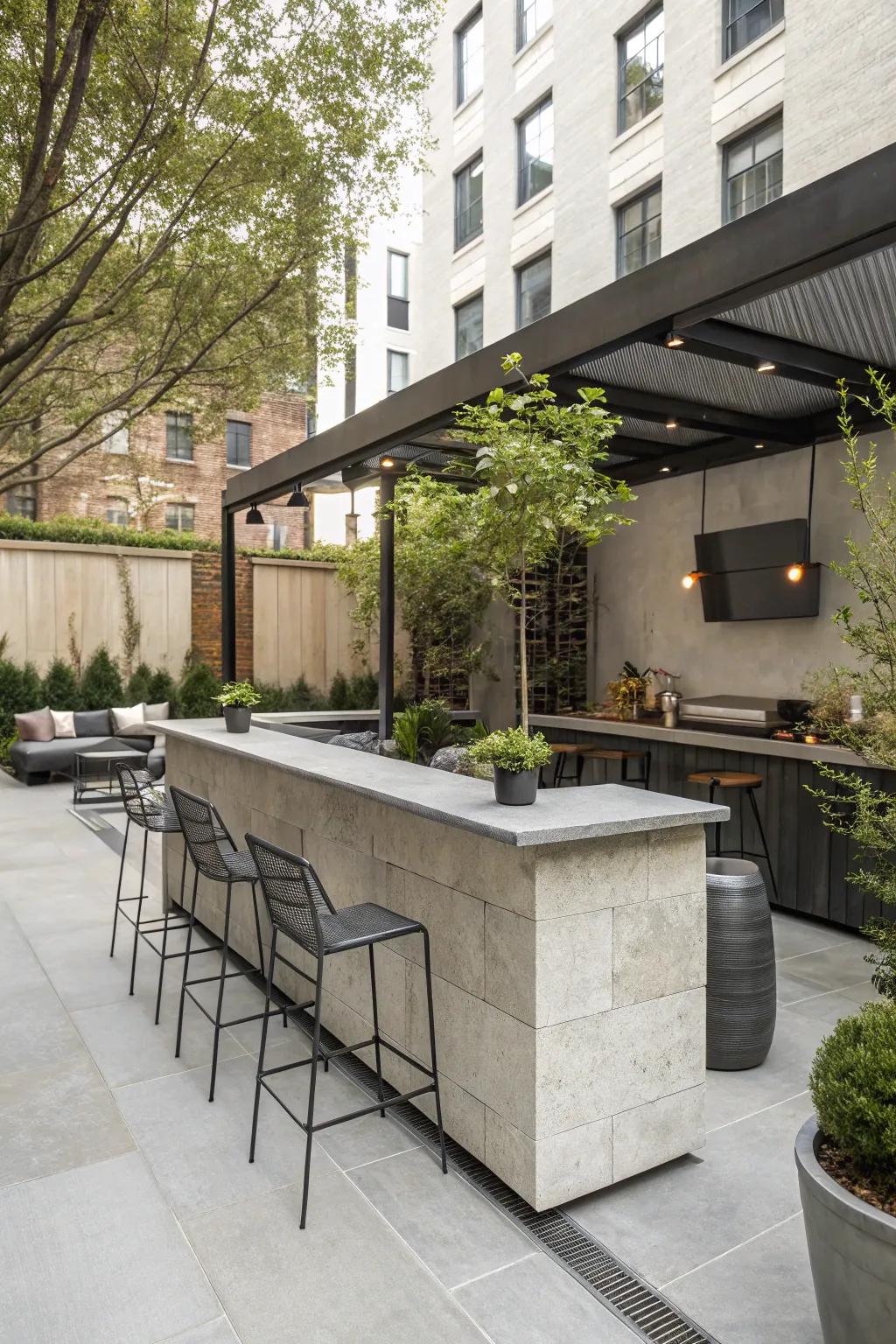 An industrial chic stone bar with a modern edge.