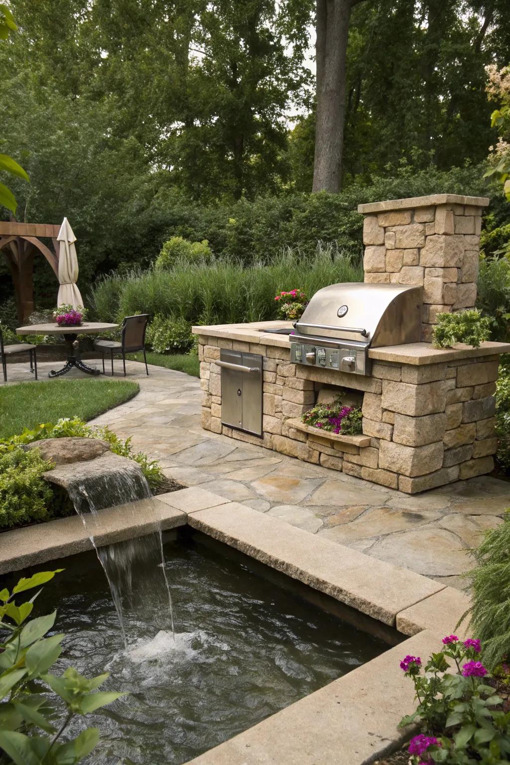 Introduce calmness to your BBQ space with a neighboring water element.