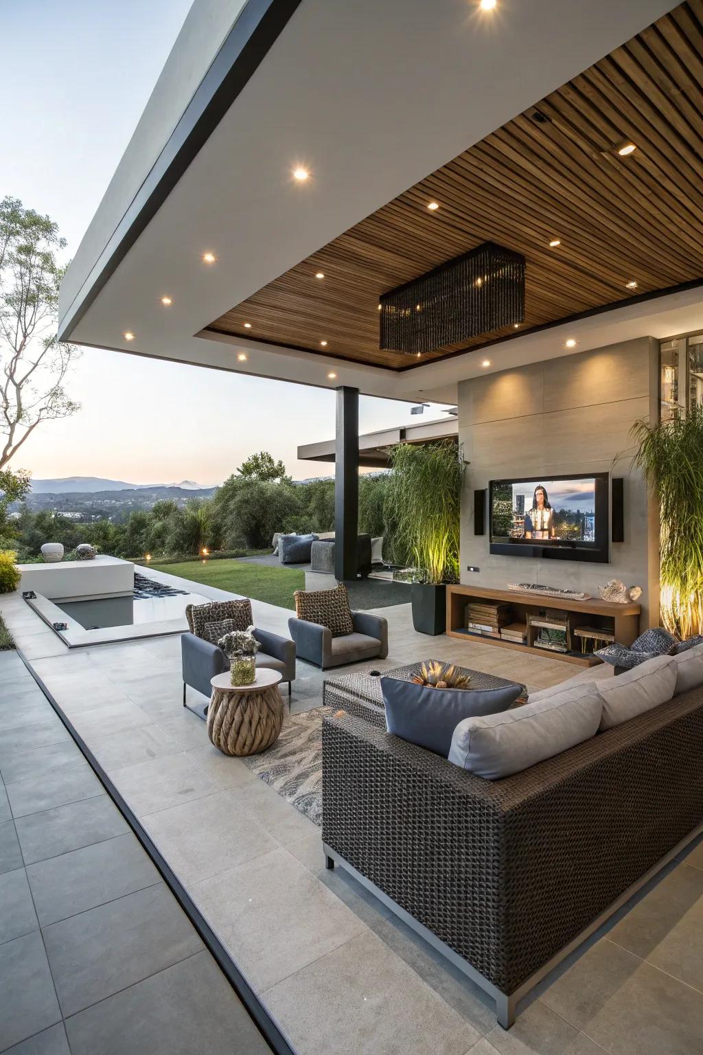 A sunken relaxing zone offers a unique and luxurious outdoor TV experience.