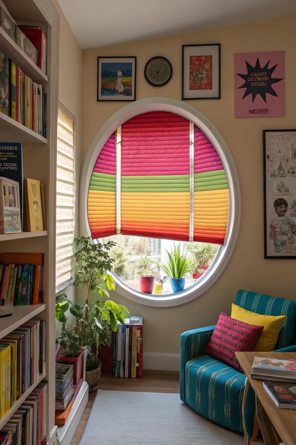 Intense colors on blinds can turn your oval windows into a focal point.