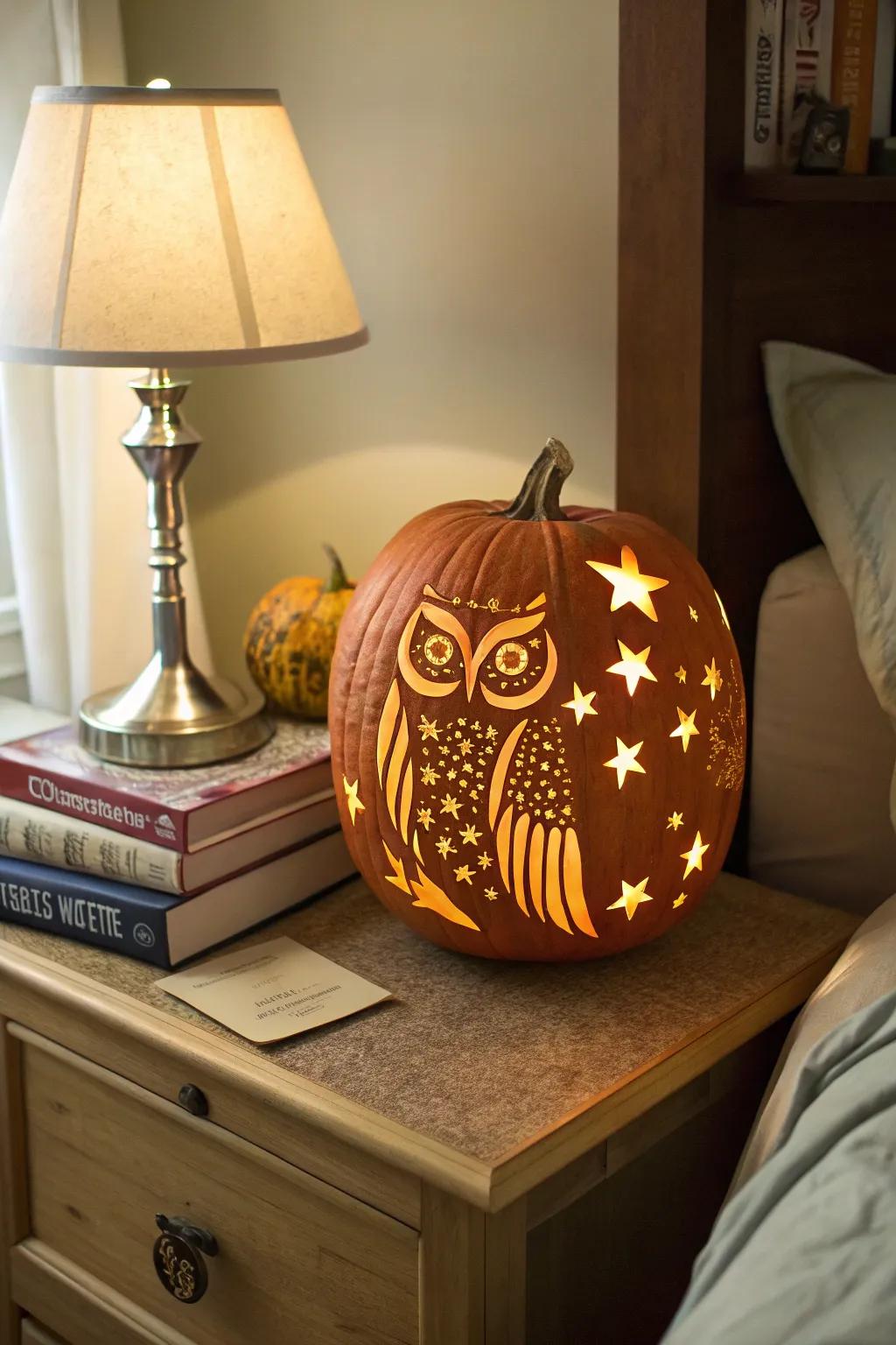 An owl with twinkling stars creates a magical, dreamlike atmosphere.
