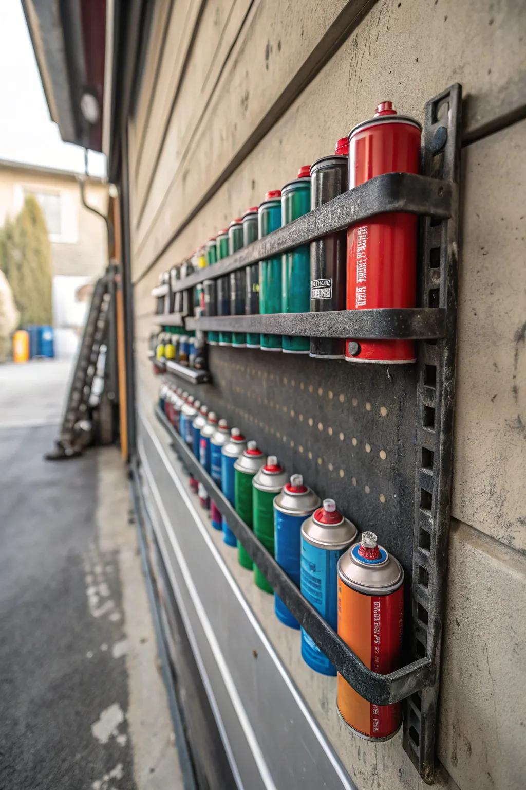 Paint cans being stored with magnetic strips on a garage wall.