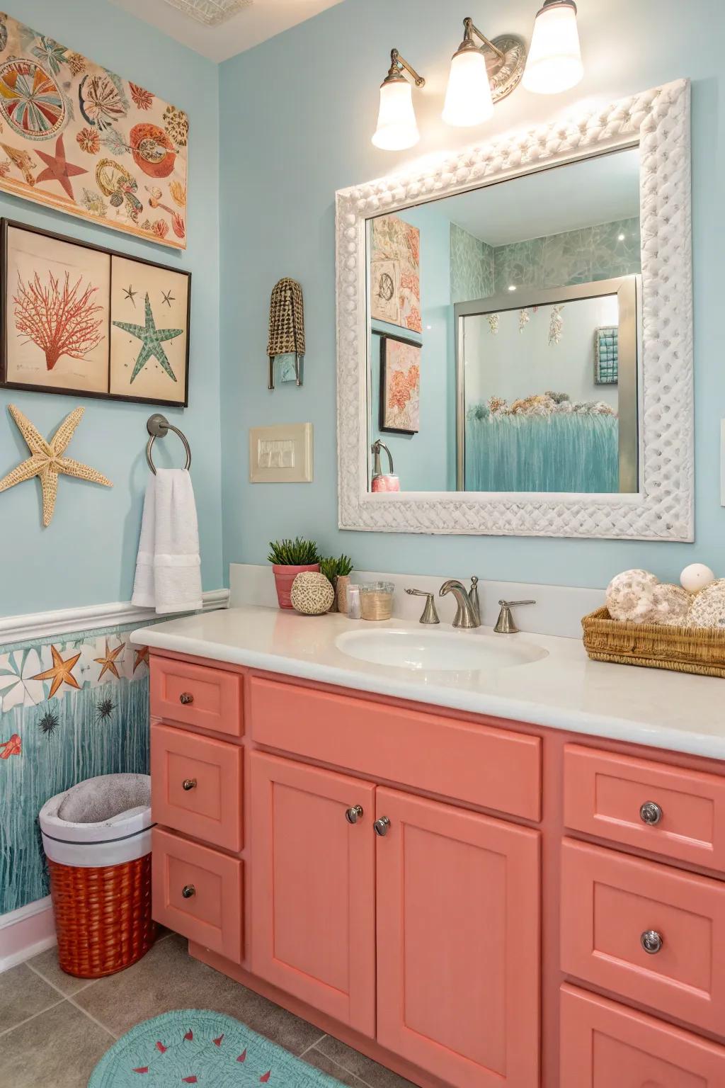 Peach vanities add a charming and cheerful touch.