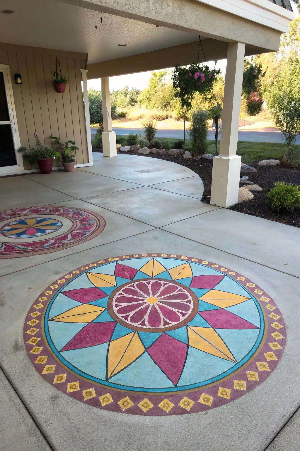 A core embellishment design acts as a breathtaking focal magnet on this patio.