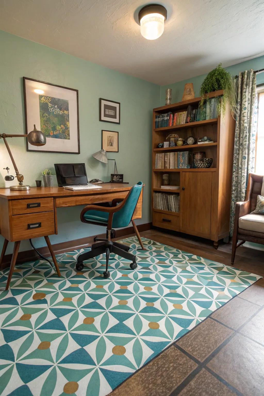 A home office featuring vintage vinyl painted floors, which offers a retro and nostalgic charm.