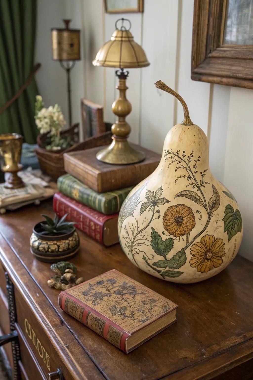 A gourd with timeless vintage botanical illustrations.
