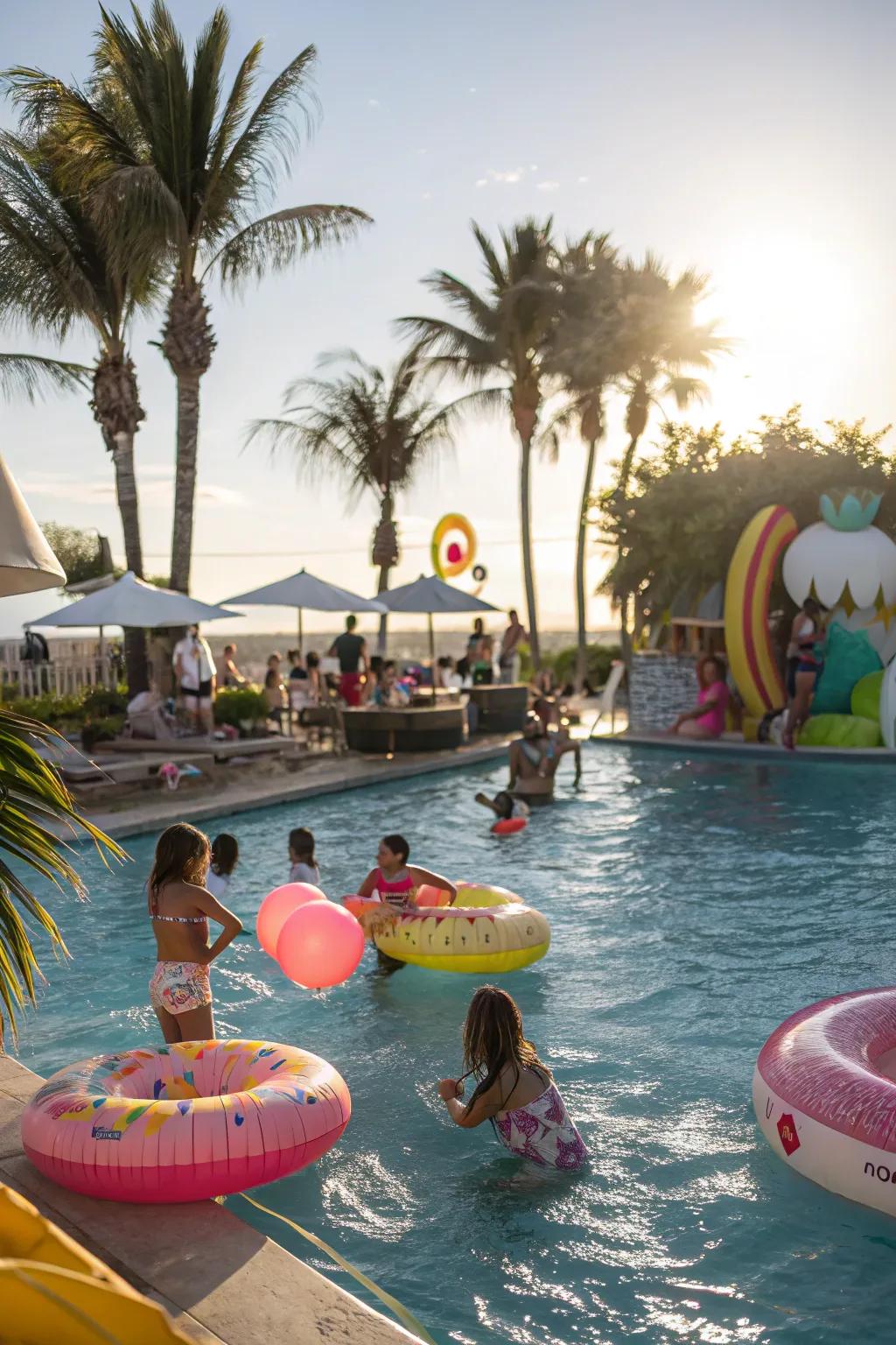 Teenagers splashing about at a seaside style aquatic themed celebration.