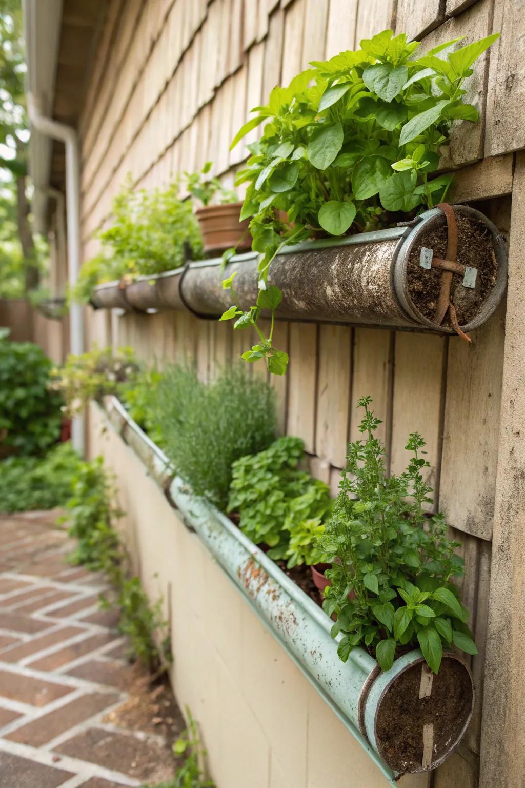 Gutter herb garden for narrow spaces.