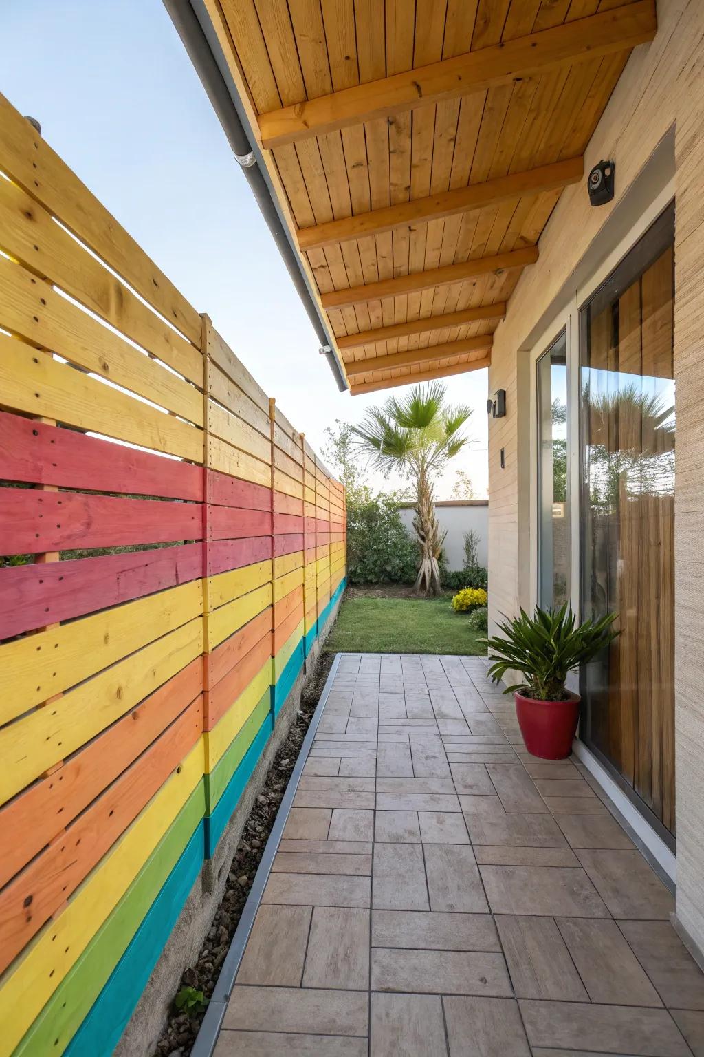 A vibrant patio wall with painted wood panels.