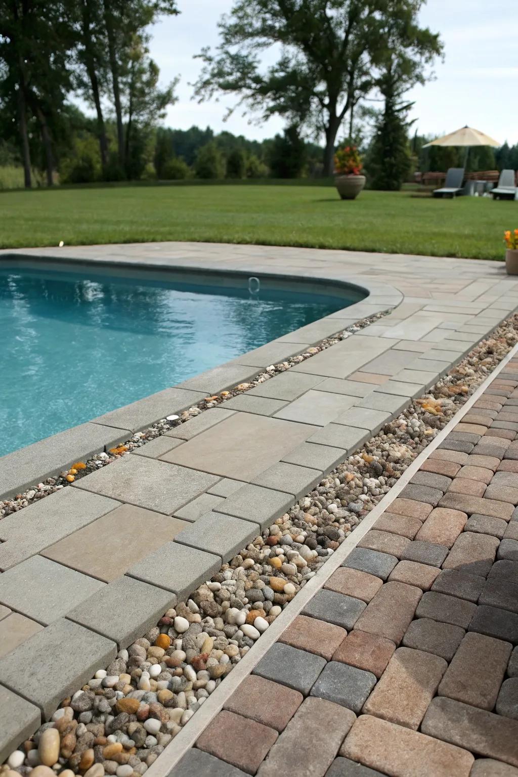 Pebble trims add texture and contrast to the paver design.