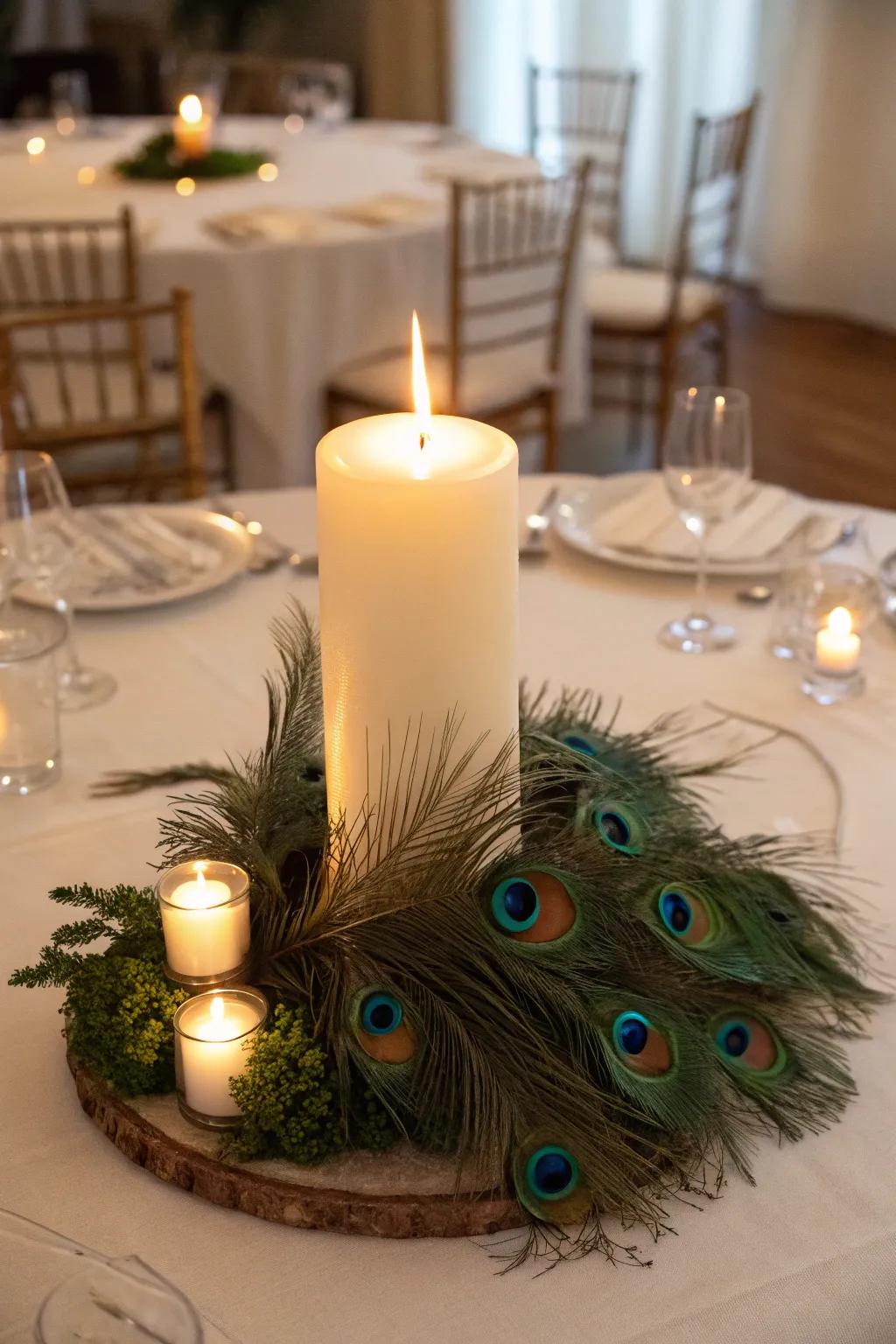 A cozy centerpiece featuring peacock plumes and luminary radiance.