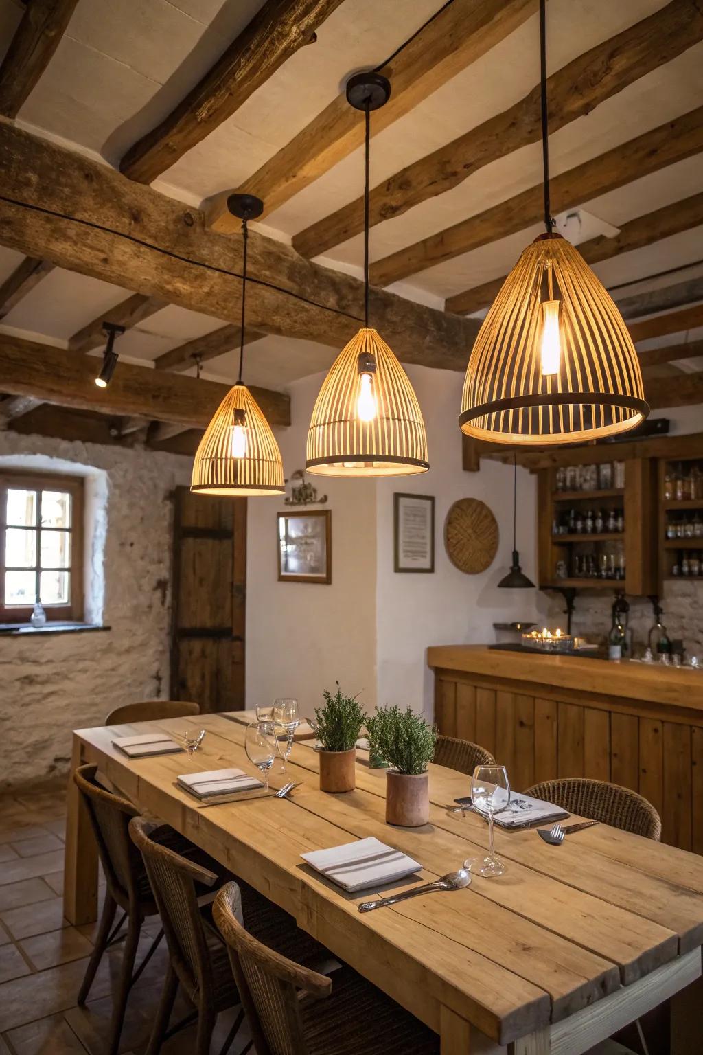 Rustic pendants enhance a cozy, farmhouse feel.