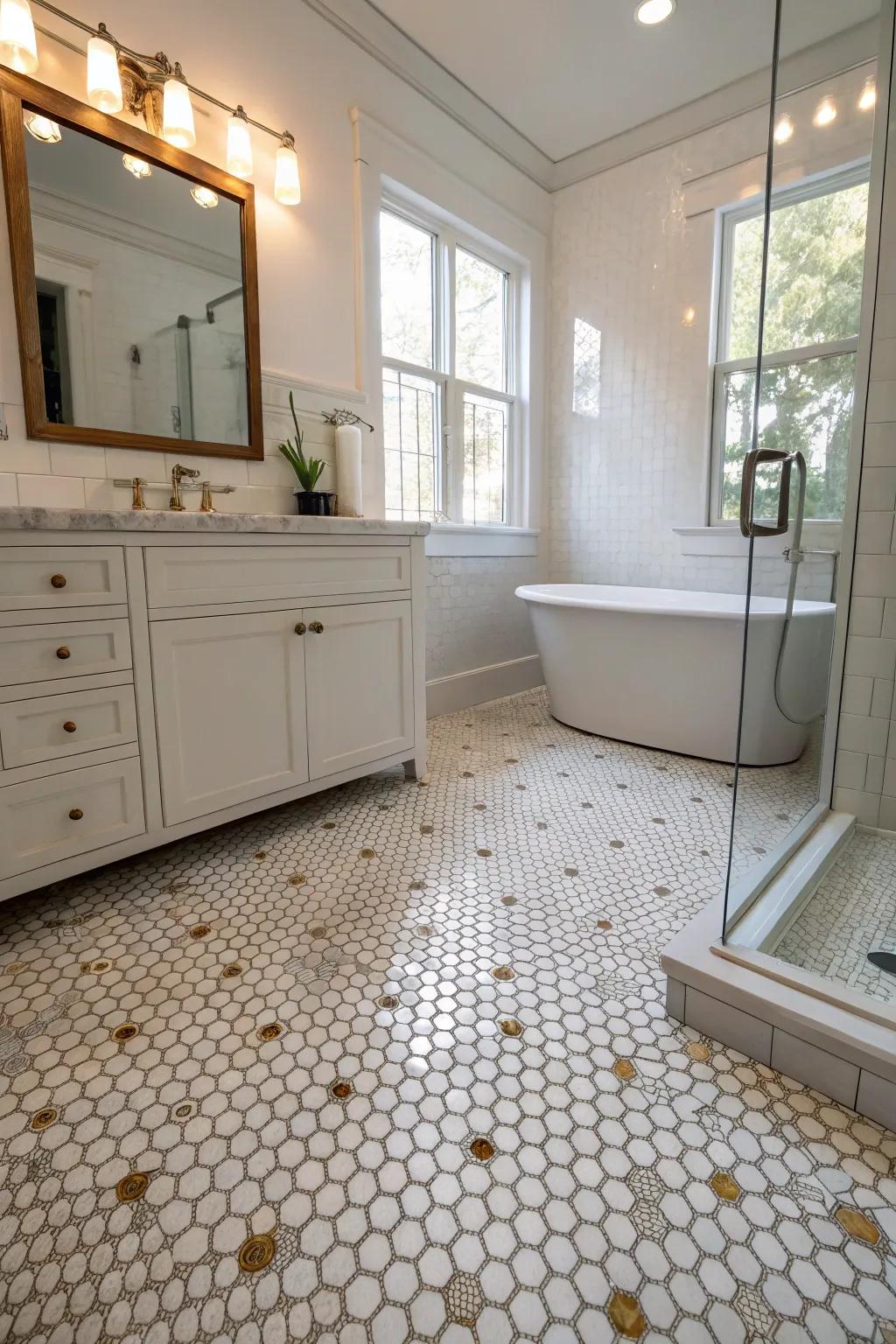 Penny tiles enhancing the lighting in a bright bathroom.