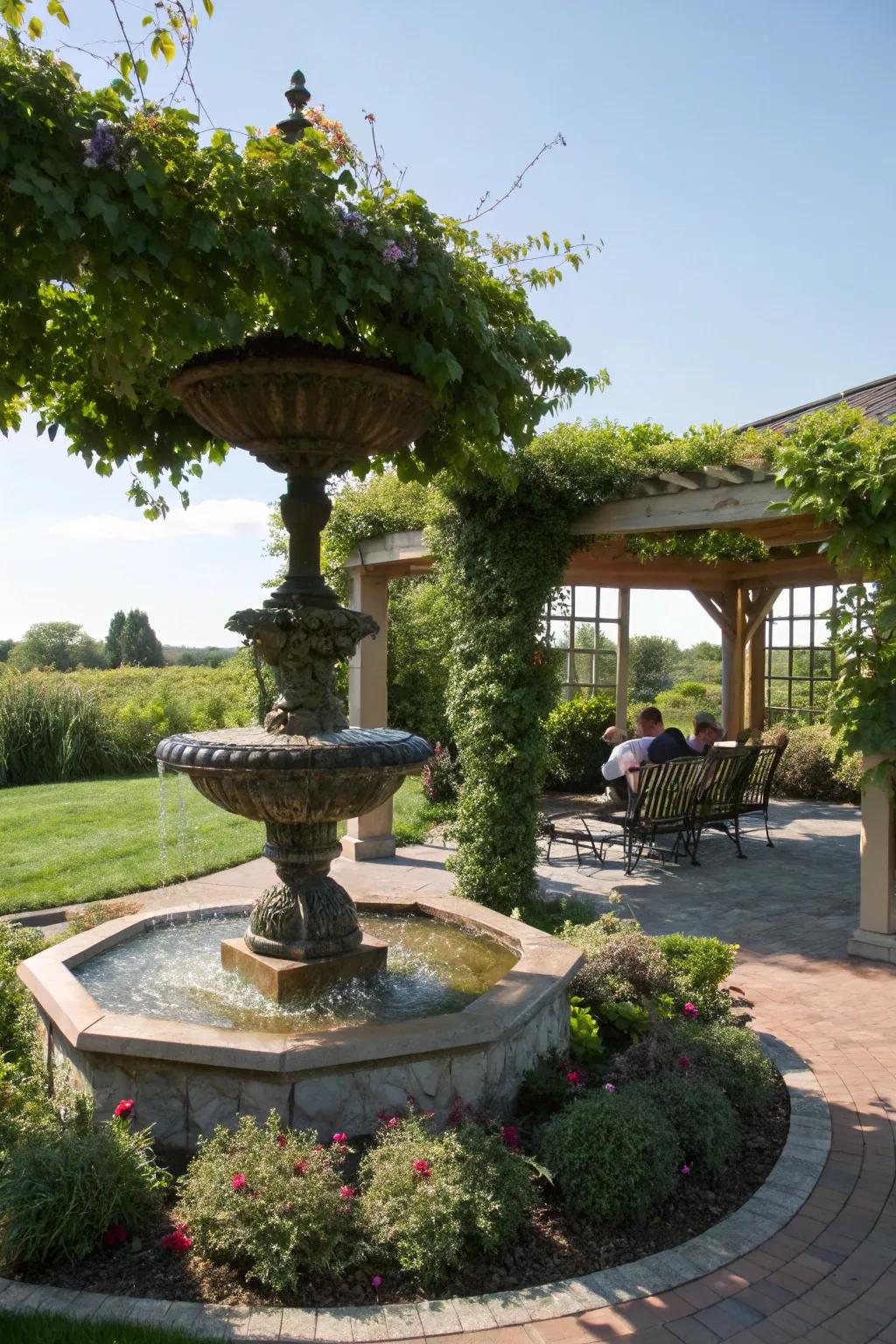 A water feature adds tranquility and a soothing ambiance.