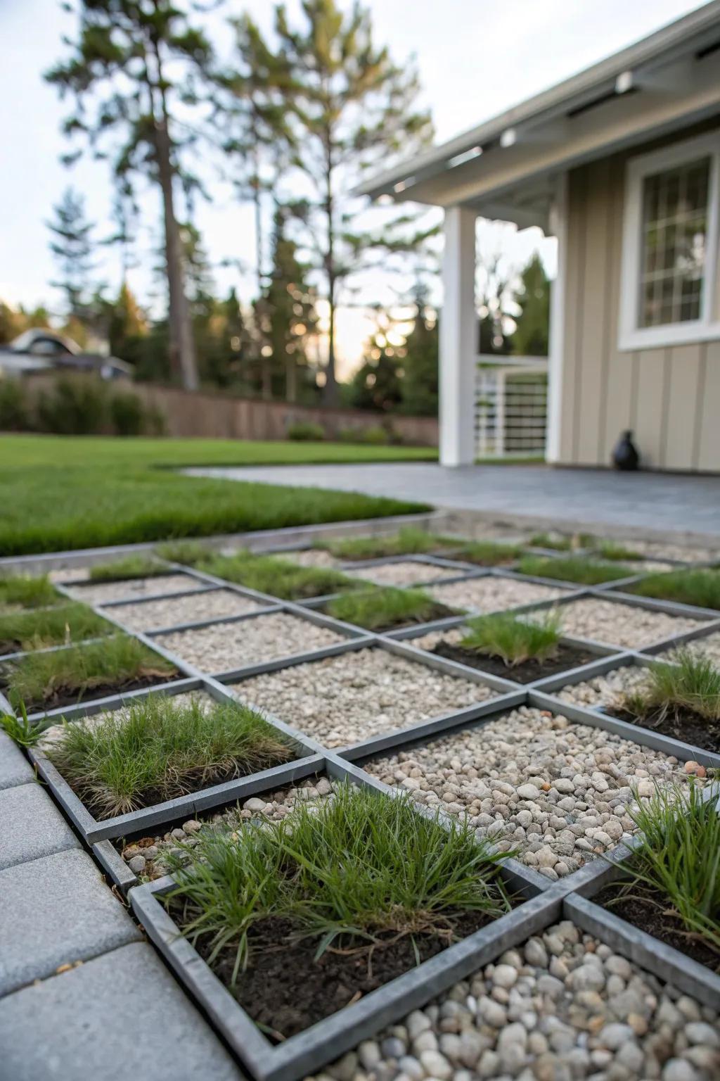 Plastic grids filled with rocks and grass offer stability and permeability.