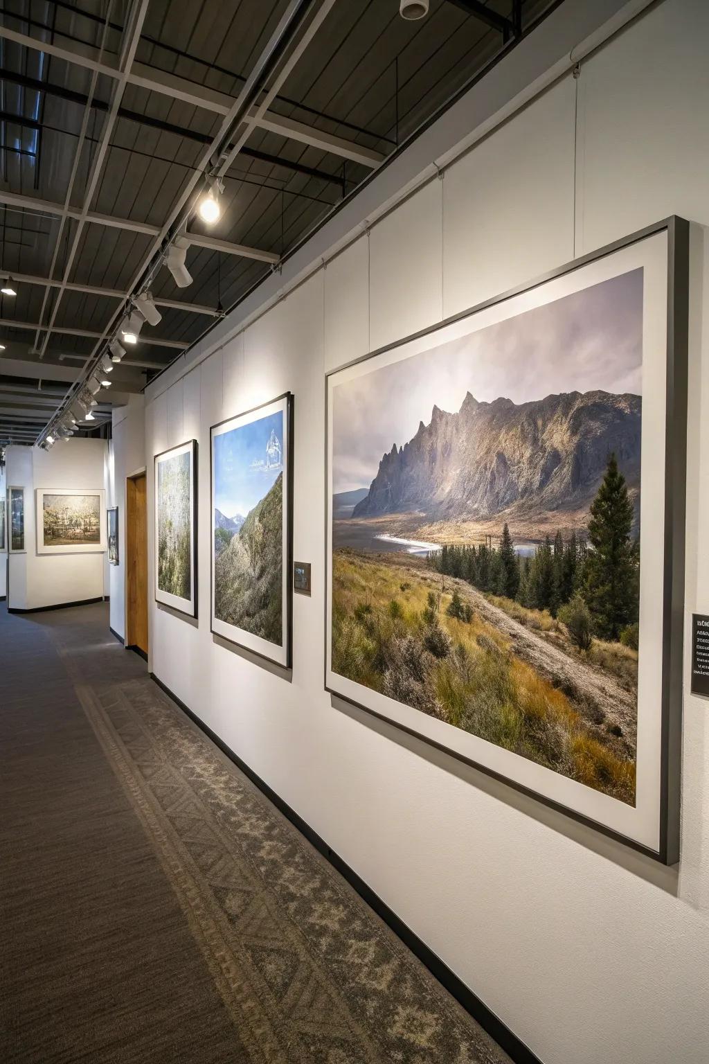A triptych display presenting a scenic panorama.