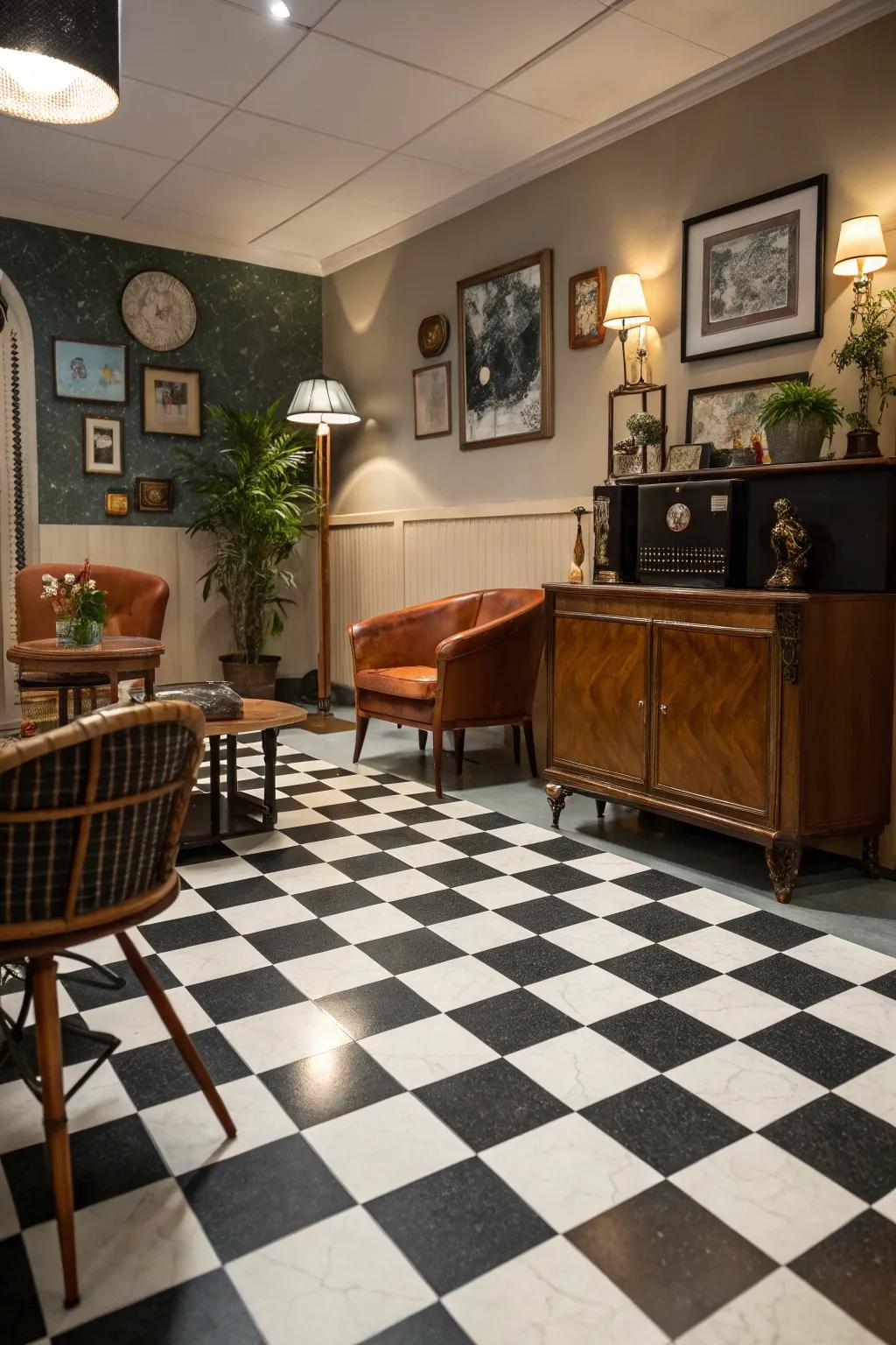 Chessboard tiles deliver a timeless retro feeling.