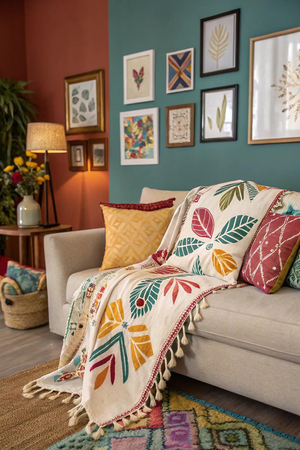 An inventive placement of a couch cover on a sofa, creating a unique visual appeal.