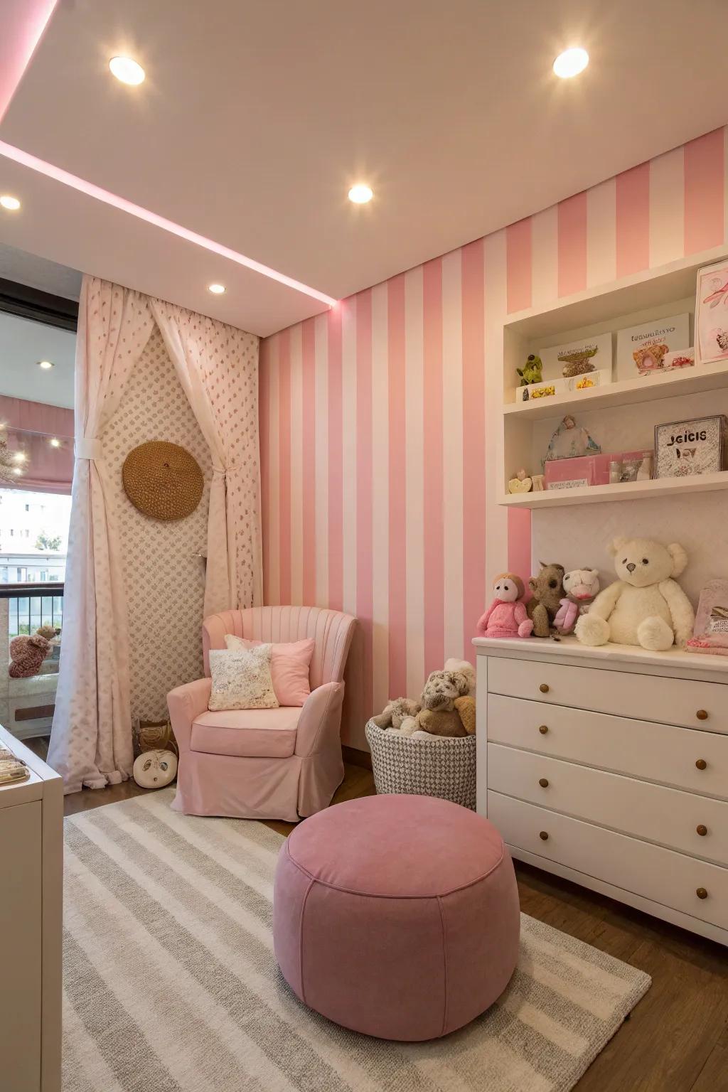 A nursery with chic pink stripes that add a playful rhythm.
