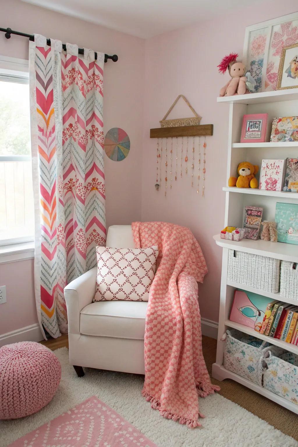An eclectic blend of patterns contributes visual intrigue within the nursery.