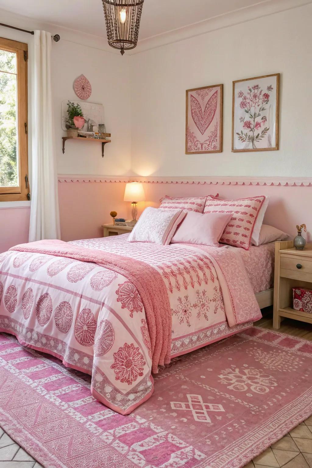 A blend of rose patterned textiles contributes vibrant interest within this bedroom.