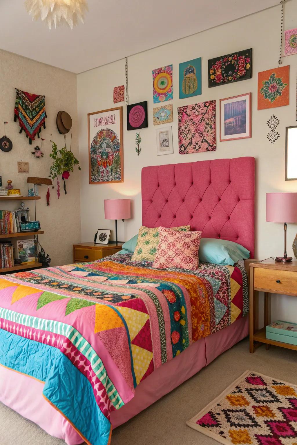 A creative and lively bedroom featuring an eclectic patchwork pink headboard.
