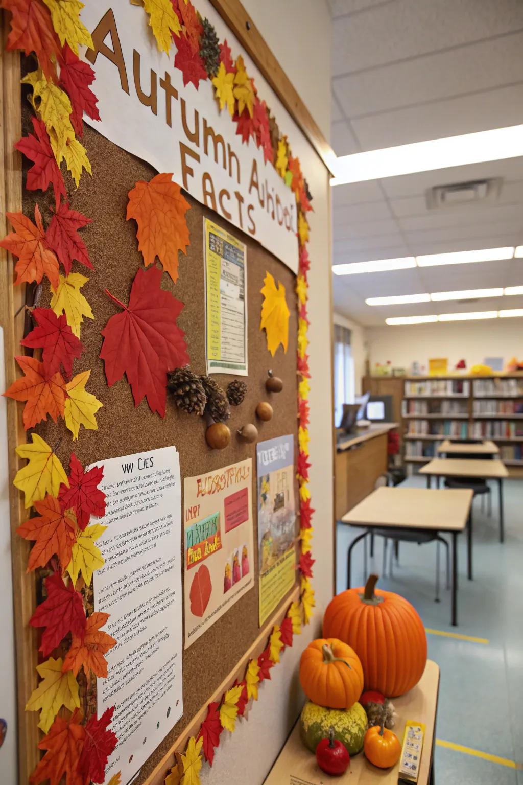 An educational fall bulletin board with fun facts about the season.