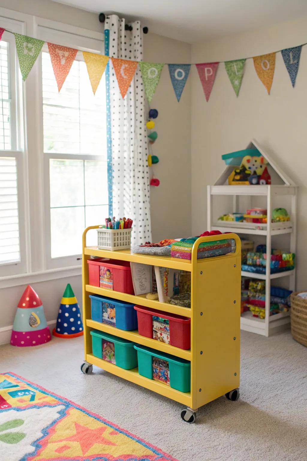 A vibrant rolling storage unit in a playroom, excellent for flexible storage needs.