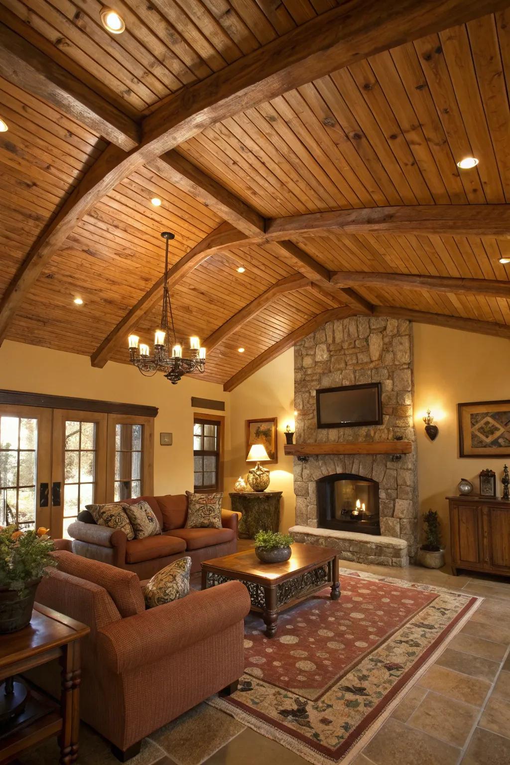 An unprocessed timber finish on a plywood ceiling that introduces warmth and class.