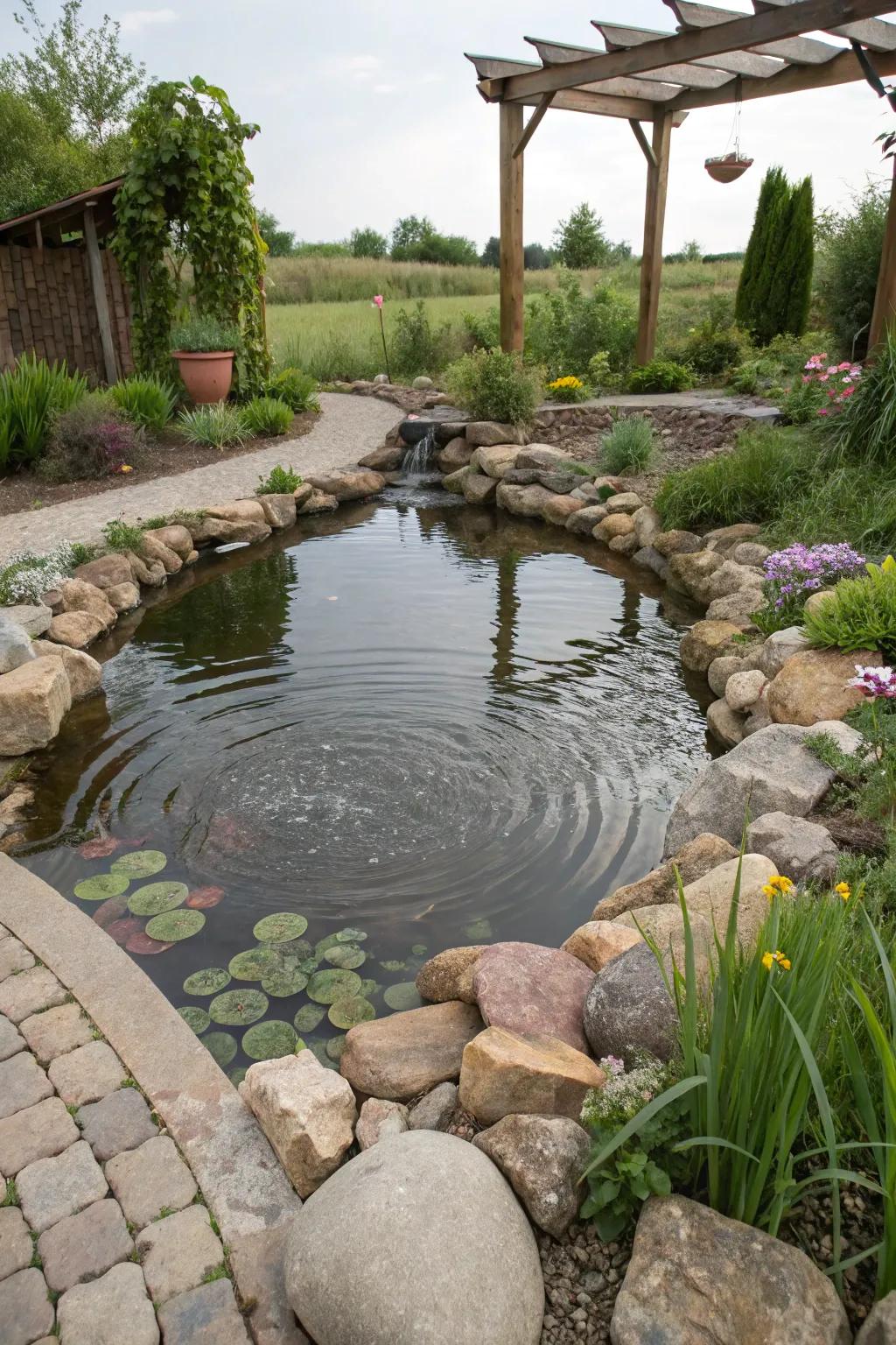 A rustic natural unlined pond in a backyard garden.