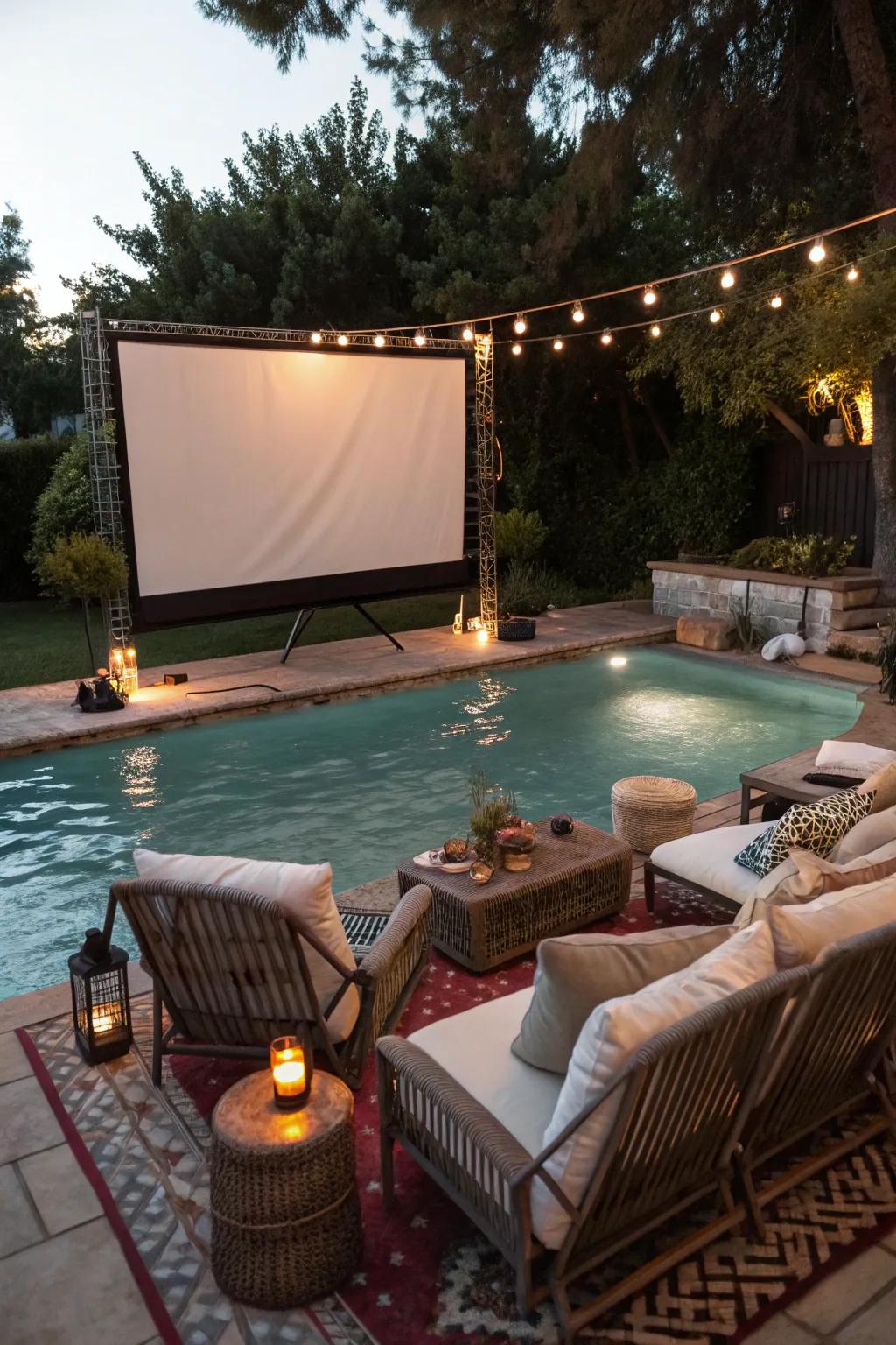 A poolside cinematic evening integrates amusement beneath the celestial canopy.