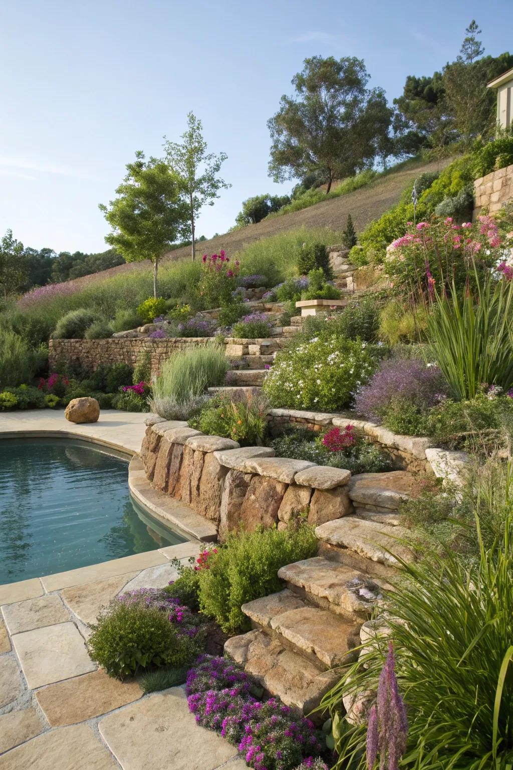 Terraced landscapes add depth and lushness to your pool area.