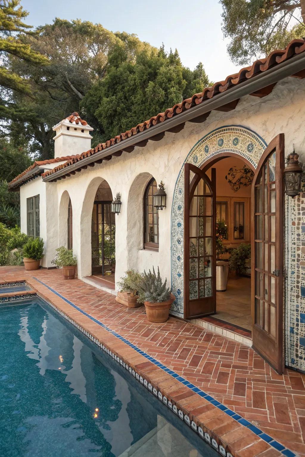 A pool house displaying Mediterranean villa vibes.