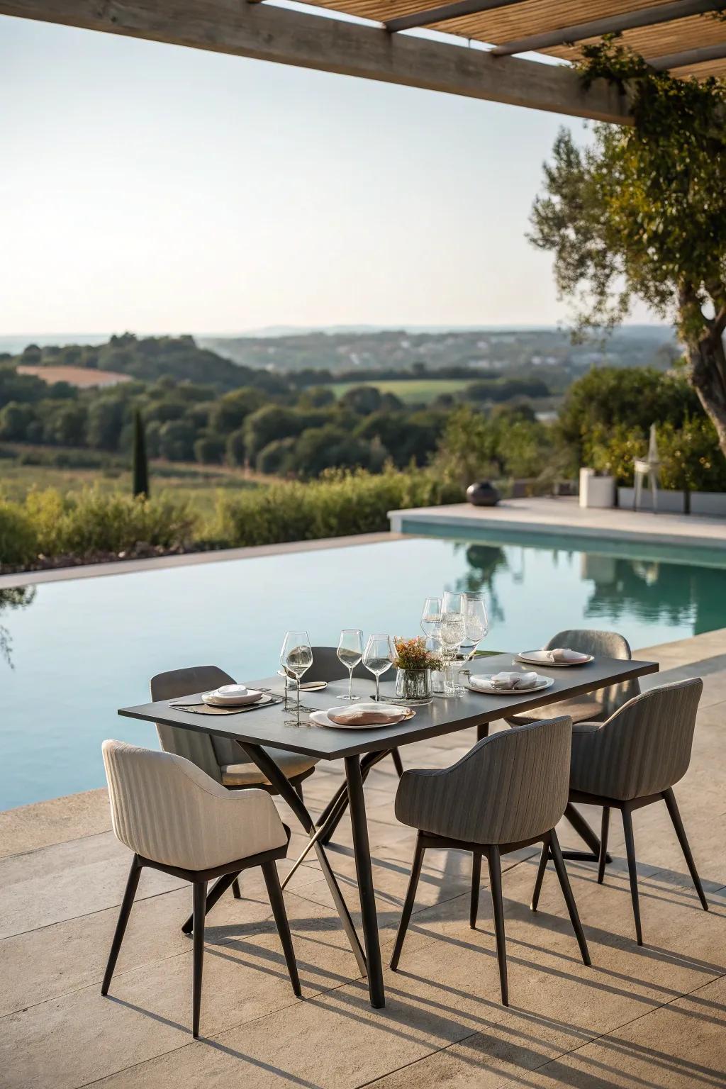 Enjoy meals near the pool with an elegant food area.