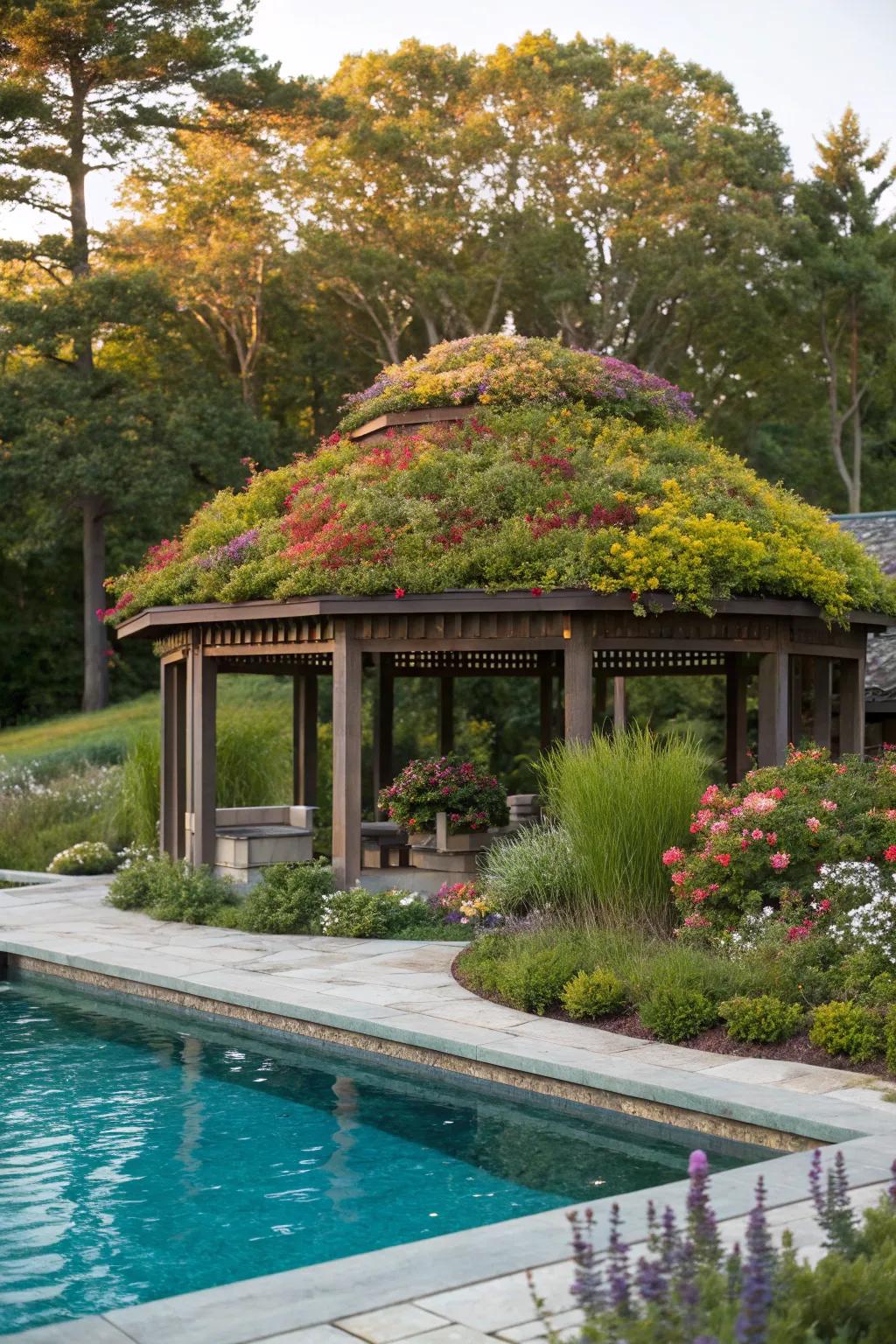 An eco-friendly green roof adds a unique natural element to your pool pavilion.