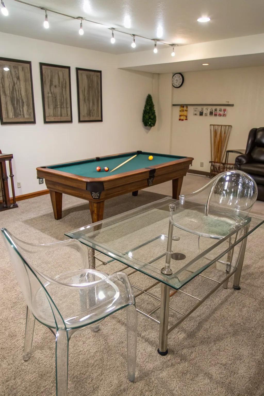 Glass elements create a feeling of openness in a small pool table room.
