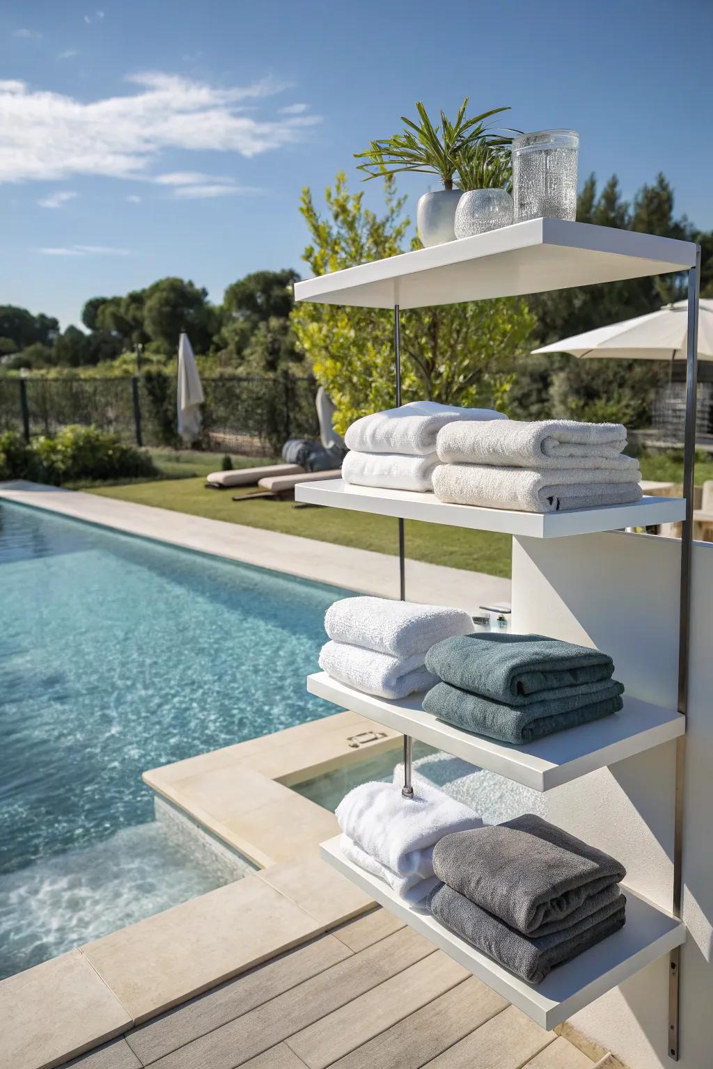 Modern floating shelves for a contemporary poolside look.