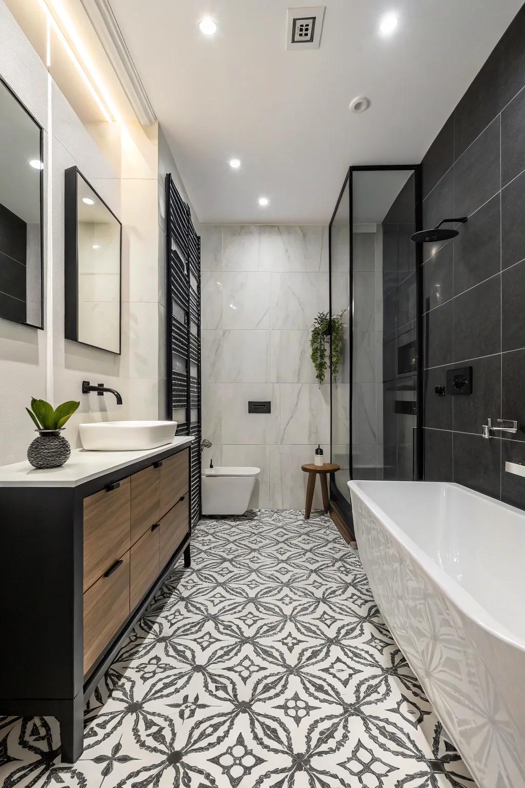 High contrast black and white tiles make a bold, timeless statement in this bathroom.